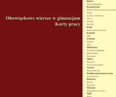 Ogłoszenie - Obowiązkowe wiersze w gimnazjum, karty pracy dla nauczyciela - 5,00 zł