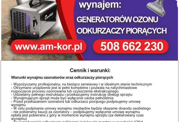 Ogłoszenie - OZONOWANIE, Wynajem Ozonatorów i Odkurzaczy Piorących - Warszawa - 49,00 zł