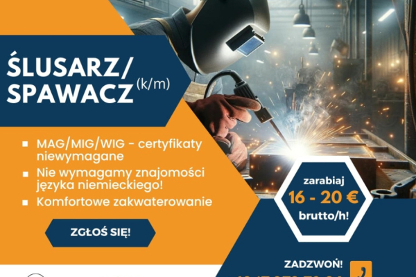 Ogłoszenie - Ślusarz / Spawacz MIG/MAG / Spawacz elektryczny (k/m) – bez znajomości języka niemieckiego - Rzeszów