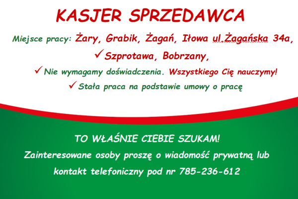 Ogłoszenie - KASJER SPRZEDAWCA - Lubuskie - 1,00 zł