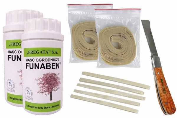 Ogłoszenie - Zestaw do okulizacji: ogrodniczy nóż okulizak + maść do smarowania ran drzew Funaben 500g + paski do okulizacji 100 sztu - 85,90 zł