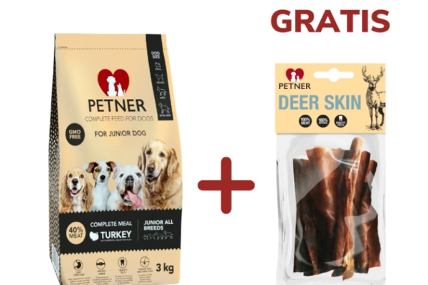 Ogłoszenie - Petner Karma Junior All Breeds z indykiem dla młodych psów wszystkich ras 3kg + Petner Skóra jelenia GRATIS - Poznań - 52,00 zł