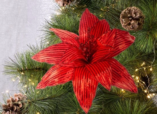 Ogłoszenie - Świąteczny kwiat dekoracyjny z połyskliwej tkaniny w prążki - 17,52 zł