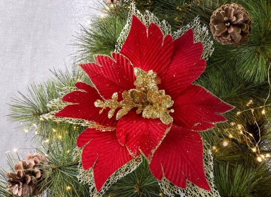 Ogłoszenie - Świąteczny kwiat dekoracyjny z welwetowej tkaniny oraz koronki - 14,32 zł