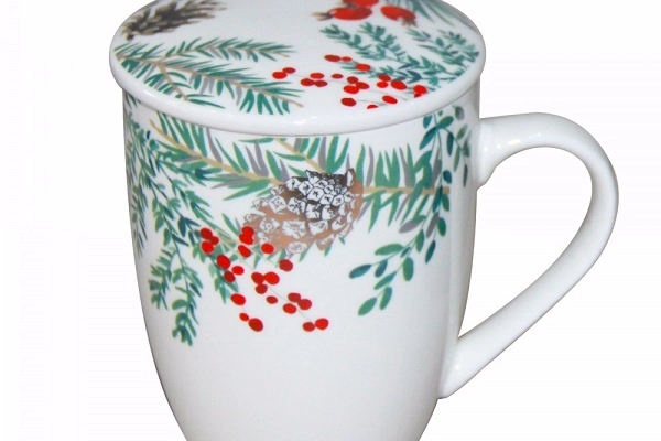 Ogłoszenie - WONDERLAND kubek porcelanowy z zaparzaczem i pokrywką w opasce dekoracja święta Boże Narodzenie 300 ml BIAŁ - 27,20 zł