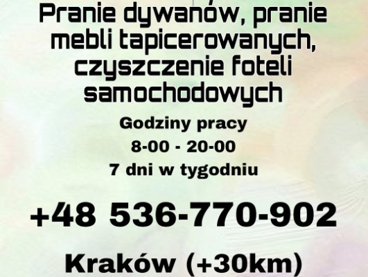 Ogłoszenie - Czyszczenie tapicerki meblowej, dywaników,materaców oraz foteli samochodowych - Kraków
