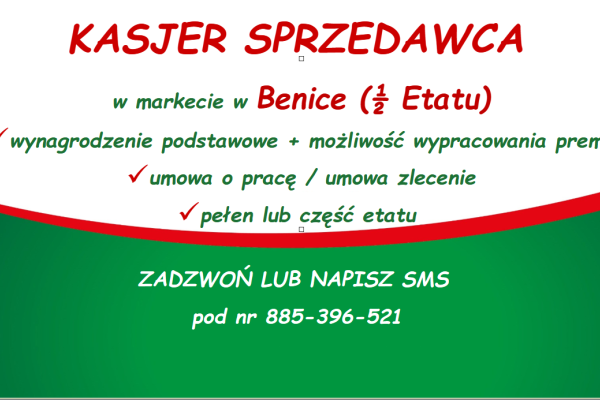 Ogłoszenie - KASJER SPRZEDAWCA - Wielkopolskie - 1,00 zł