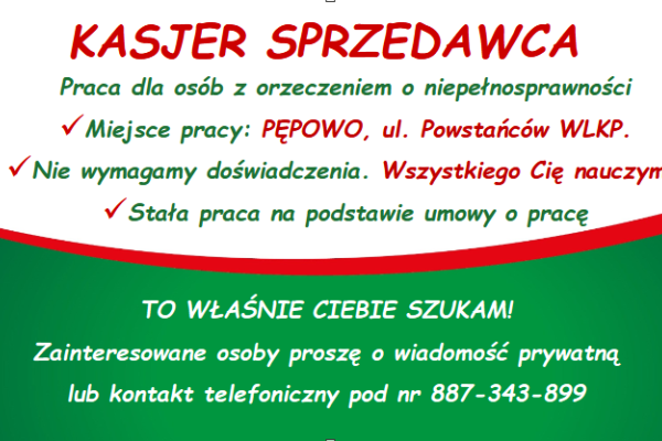 Ogłoszenie - KASJER SPRZEDAWCA - Wielkopolskie - 500,00 zł