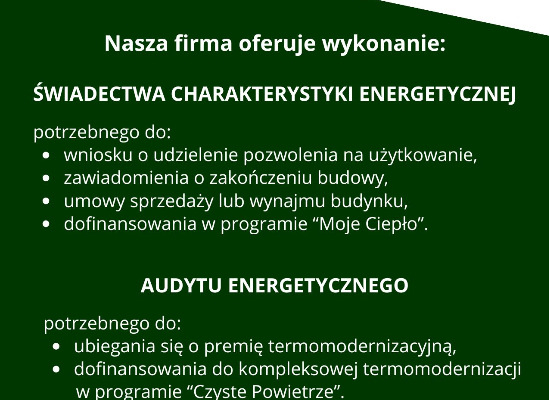 Ogłoszenie - Audyt energetyczny. Świadectwo charakterystyki energetycznej. - Biała Podlaska