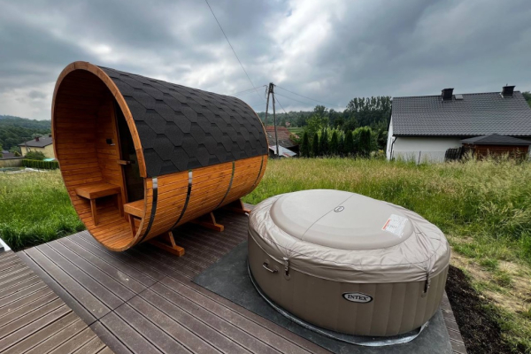 Ogłoszenie - Sauna Beczka 2,4m z Tarasem i Siedziskami Z MONTAŻEM - Mazowieckie - 10 900,00 zł