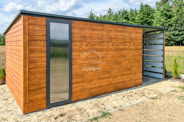 Ogłoszenie - Schowek -domek ogrodowy 4x3m + wiata 2m okno drewnopodobny - antracyt  dach spad w tył ID805 - Iława - 8 350,00 zł