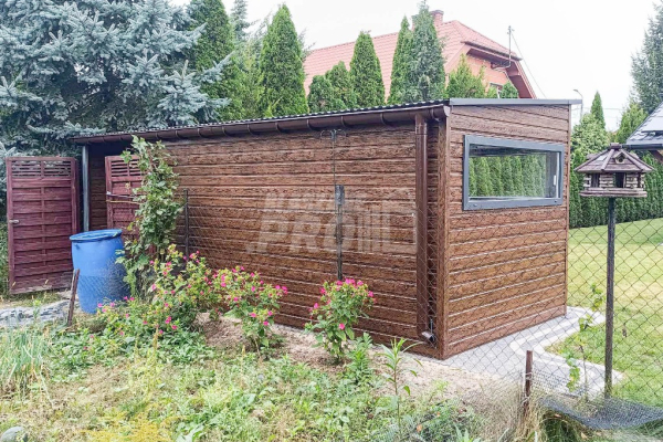 Ogłoszenie - Schowek - domek ogrodowy 4,5x2,5m + wiata 1,8m - drzwi - 2x okno drewnopodobny - antracyt - rynny  GP450 - Szczecinek - 8 350,00 zł