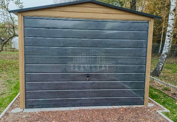 Ogłoszenie - Garaż blaszany 3x6m - Brama uchylna - Winchester - Sosna norweska - Drewnopodobny - Dach dwuspadowy TS894 - Kalisz - 7 250,00 zł