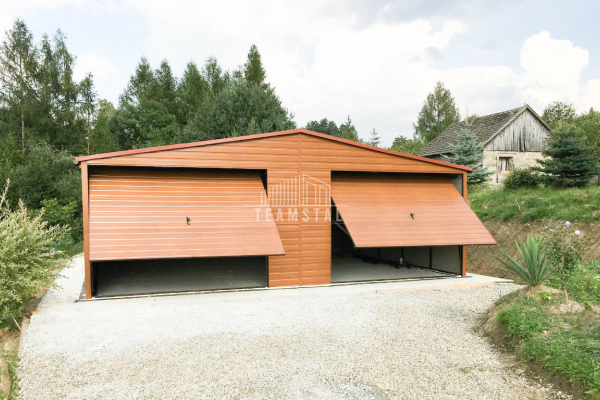 Ogłoszenie - Garaż blaszany 7,5x6m - 2x  brama uchylna złoty dąb - drewnopodobny - blachodachówka - rynny - dwuspad TS881 - Bydgoszcz - 20 700,00 zł