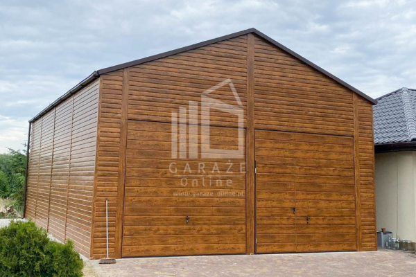 Ogłoszenie - GARAŻ BLASZANY 7m x 12m dwuspad - 2x Brama uchylna + drzwi - jasny orzech - blachodachówka ID129 - Sieradz - 44 800,00 zł