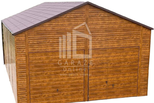 Ogłoszenie - GARAŻ BLASZANY 7m x 12m dwuspad - 2x Brama uchylna + drzwi - jasny orzech - blachodachówka ID129 - Sieradz - 44 800,00 zł