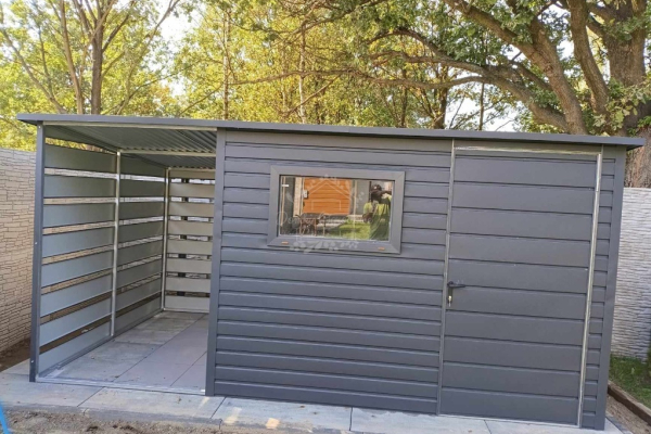 Ogłoszenie - Schowek - domek ogrodowy 3x2,5m + wiata 1,5m - drzwi - okno - antracyt - dach spad w tył ID760 - Szczytno - 6 150,00 zł