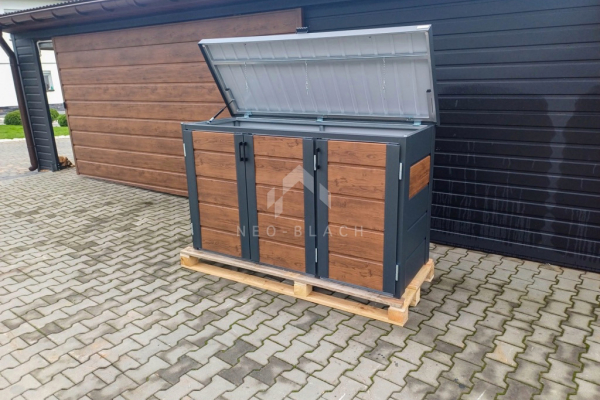 Ogłoszenie - Zabudowa koszy na śmieci wiata śmietnikowa obudowa kubłów 177x65x110 cm 3x120L antracyt + jasny orzech NB423 - Ruda Śląska - 3 300,00 zł