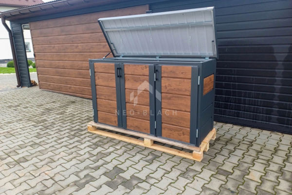Ogłoszenie - Zabudowa koszy na śmieci wiata śmietnikowa obudowa kubłów 177x65x110 cm 3x120L antracyt + jasny orzech NB423 - Ruda Śląska - 3 300,00 zł