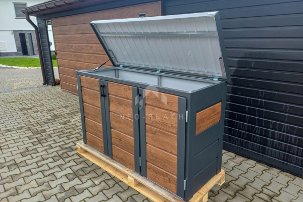 Ogłoszenie - Zabudowa koszy na śmieci wiata śmietnikowa obudowa kubłów 177x65x110 cm 3x120L antracyt + jasny orzech NB423 - Ruda Śląska - 3 300,00 zł