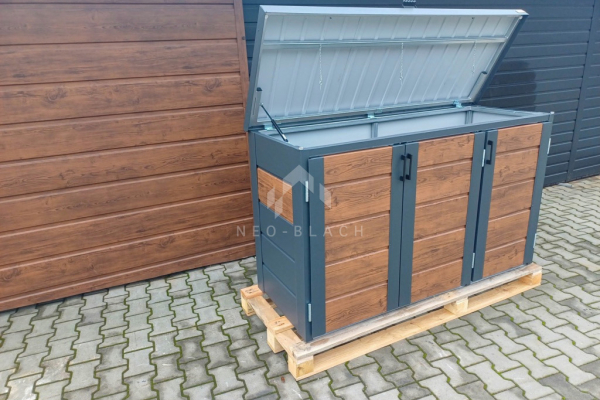 Ogłoszenie - Zabudowa koszy na śmieci wiata śmietnikowa obudowa kubłów 177x65x110 cm 3x120L antracyt + jasny orzech NB423 - Ruda Śląska - 3 300,00 zł