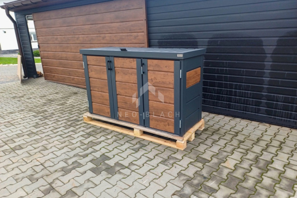Ogłoszenie - Zabudowa koszy na śmieci wiata śmietnikowa obudowa kubłów 177x65x110 cm 3x120L antracyt + jasny orzech NB423 - Ruda Śląska - 3 300,00 zł