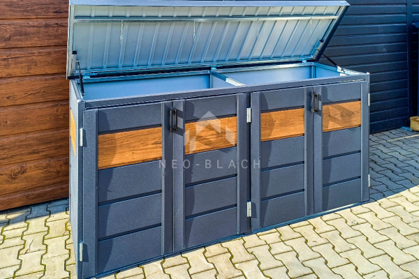 Ogłoszenie - Zabudowa koszy na śmieci wiata śmietnikowa obudowa kubłów 235x65x110 cm 4x120L antracyt + jasny orzech NB428 - Elbląg - 3 990,00 zł
