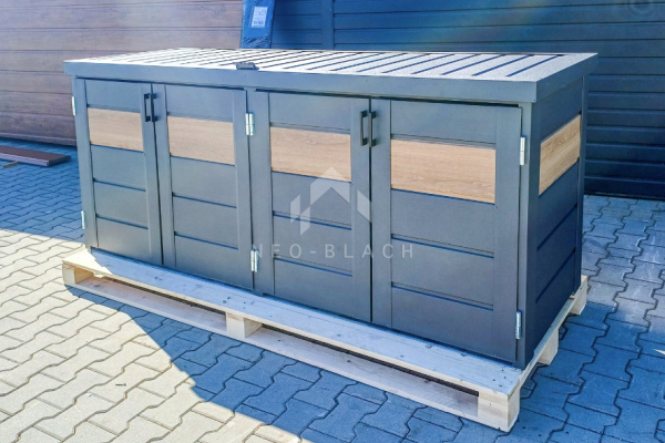 Ogłoszenie - Zabudowa koszy na śmieci wiata śmietnikowa obudowa kubłów 235x65x110 cm 4x120L antracyt + jasny orzech NB426 - Skawina - 3 990,00 zł