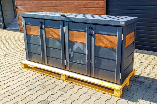 Ogłoszenie - Zabudowa koszy na śmieci wiata śmietnikowa obudowa kubłów 235x65x110 cm 4x120L antracyt + jasny orzech NB428 - Elbląg - 3 990,00 zł