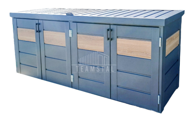 Ogłoszenie - Zabudowa koszy na śmieci wiata śmietnikowa obudowa kubłów 235x65x110 cm 4x120L antracyt + jasny orzech TS956 - Bochnia - 3 990,00 zł