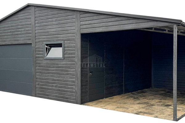 Ogłoszenie - Garaż blaszany PREMIUM 8x6m + wiata 3x6 Brama segmentowa drzwi okno  antracyt Drewnopodobny  rynny TS978 - Białogard - 35 450,00 zł