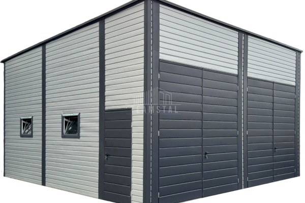 Ogłoszenie - Hala blaszana Magazyn - 7x8m - 2x Brama dwuskrzydłowa - 4x Okno - Drzwi Antracyt Srebrny Rynny dach spad w tył  TS979 - Szczecinek - 31 300,00 zł