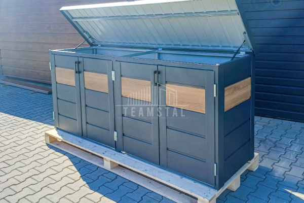 Ogłoszenie - Zabudowa koszy na śmieci wiata śmietnikowa obudowa kubłów 235x65x110 cm 4x120L antracyt + jasny orzech TS956 - Bochnia - 3 990,00 zł