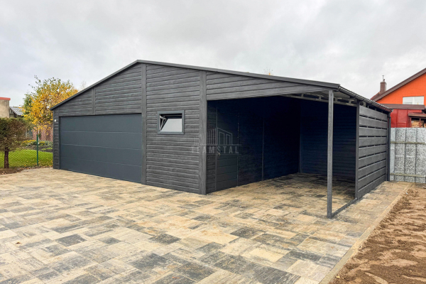 Ogłoszenie - Garaż blaszany PREMIUM 8x6m + wiata 3x6 Brama segmentowa drzwi okno  antracyt Drewnopodobny  rynny TS978 - Białogard - 35 450,00 zł