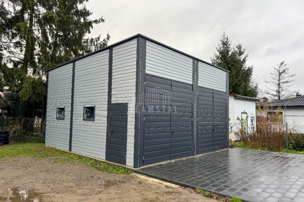 Ogłoszenie - Hala blaszana Magazyn - 7x8m - 2x Brama dwuskrzydłowa - 4x Okno - Drzwi Antracyt Srebrny Rynny dach spad w tył  TS979 - Szczecinek - 31 300,00 zł