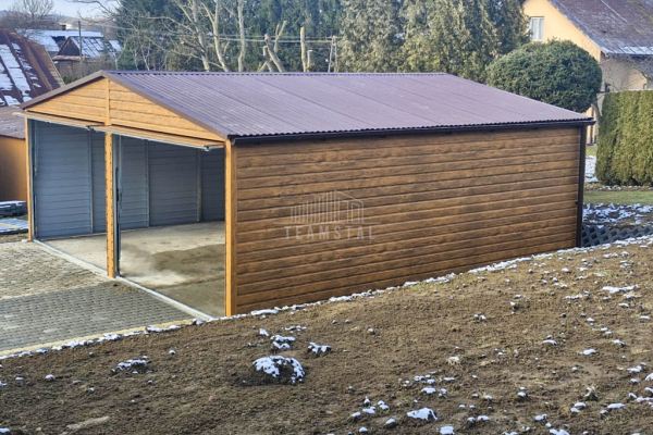 Ogłoszenie - Garaż blaszany 6x6,5m - bramy uchylne - jasny orzech - drewnopodobny - rynny - dach dwuspadowy TS932 - Konin - 15 790,00 zł