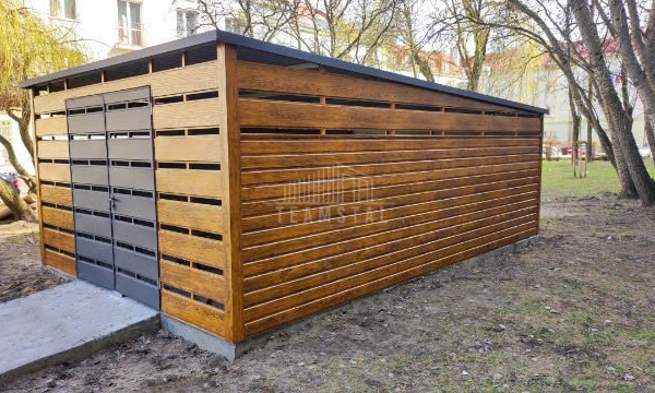 Ogłoszenie - Wiata śmietnikowa Premium - Schowek 4x6m - brama dwuszkrzydłowa - Jasny orzech - Antracyt  - dach spad w tył  TS997 - Poznań - 8 600,00 zł
