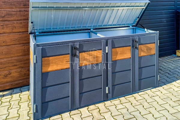 Ogłoszenie - Zabudowa koszy na śmieci wiata śmietnikowa obudowa kubłów 235x65x110 cm 4x120L antracyt + jasny orzech TS958 - Łańcut - 3 990,00 zł