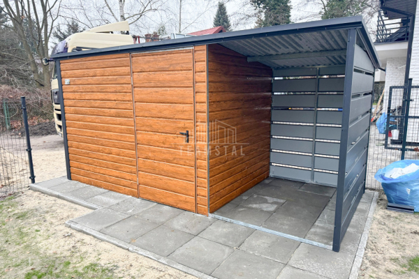 Ogłoszenie - Schowek - domek ogrodowy 3x2m + wiata 1,5m - drzwi - jasny orzech - drewnopodobny - antracyt - dach spad w tył TS965 - Sochaczew - 5 150,00 zł