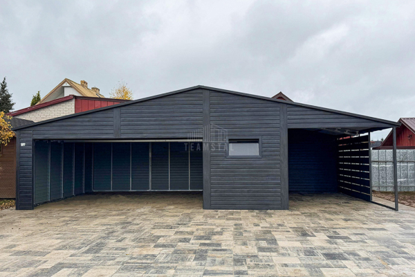 Ogłoszenie - Garaż blaszany PREMIUM 8x6m + wiata 3x6 Brama segmentowa drzwi okno  antracyt Drewnopodobny  rynny TS978 - Białogard - 35 450,00 zł