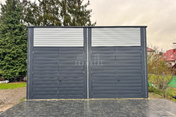 Ogłoszenie - Hala blaszana Magazyn - 7x8m - 2x Brama dwuskrzydłowa - 4x Okno - Drzwi Antracyt Srebrny Rynny dach spad w tył  TS979 - Szczecinek - 31 300,00 zł