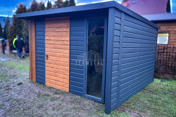 Ogłoszenie - Schowek Domek ogrodowy PREMIUM 3x3m + wiata 0,5m drzwi okno Dekor z lameli Antracyt Drewnopodobny  dach spad TS989 - Płock - 9 490,00 zł