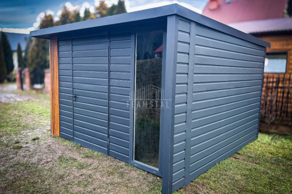 Ogłoszenie - Schowek - Domek ogrodowy PREMIUM 3x3m + wiata 0,5m - drzwi - okno - Dekor z lameli - Antracyt - dach spad w tył TS991 - Mrągowo - 9 490,00 zł