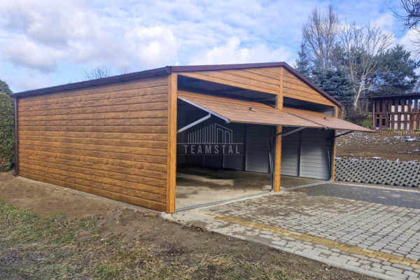 Ogłoszenie - Garaż blaszany 6x6,5m - bramy uchylne - jasny orzech - drewnopodobny - rynny - dach dwuspadowy TS932 - Konin - 15 790,00 zł