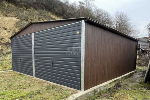 Ogłoszenie - Garaż blaszany 6x5,8m - 2x Brama uchylna - Ciemny orzech - drewnopodobny - antracyt - rynny - dach dwuspadowy TS1010 - Lubartów - 13 390,00 zł