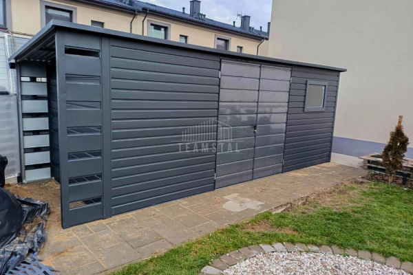Ogłoszenie - Schowek - domek ogrodowy 6x2,5m + wiata 0,5m - Brama dwuskrzydłowa - okno - antracyt - dach spad w tył TS983 - Przemyśl - 8 700,00 zł