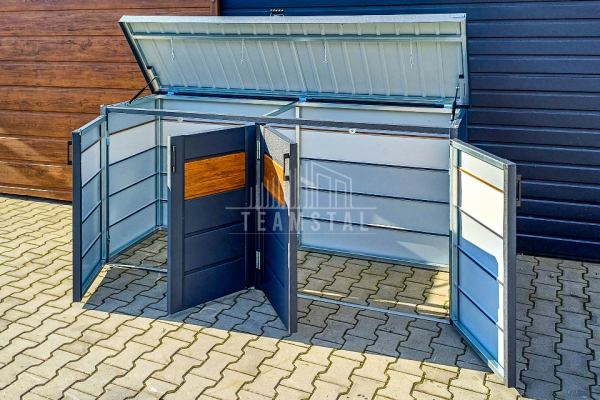 Ogłoszenie - Zabudowa koszy na śmieci wiata śmietnikowa obudowa kubłów 235x65x110 cm 4x120L antracyt + jasny orzech TS958 - Łańcut - 3 990,00 zł