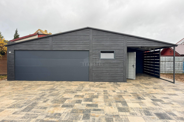 Ogłoszenie - Garaż blaszany PREMIUM 8x6m + wiata 3x6 Brama segmentowa drzwi okno  antracyt Drewnopodobny  rynny TS978 - Białogard - 35 450,00 zł