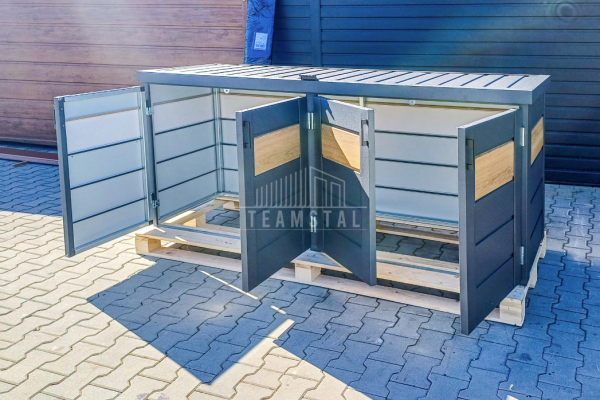 Ogłoszenie - Zabudowa koszy na śmieci wiata śmietnikowa obudowa kubłów 235x65x110 cm 4x120L antracyt + jasny orzech TS956 - Bochnia - 3 990,00 zł