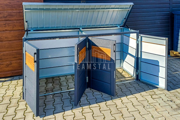 Ogłoszenie - Zabudowa koszy na śmieci wiata śmietnikowa obudowa kubłów 235x65x110 cm 4x120L antracyt + jasny orzech TS958 - Łańcut - 3 990,00 zł
